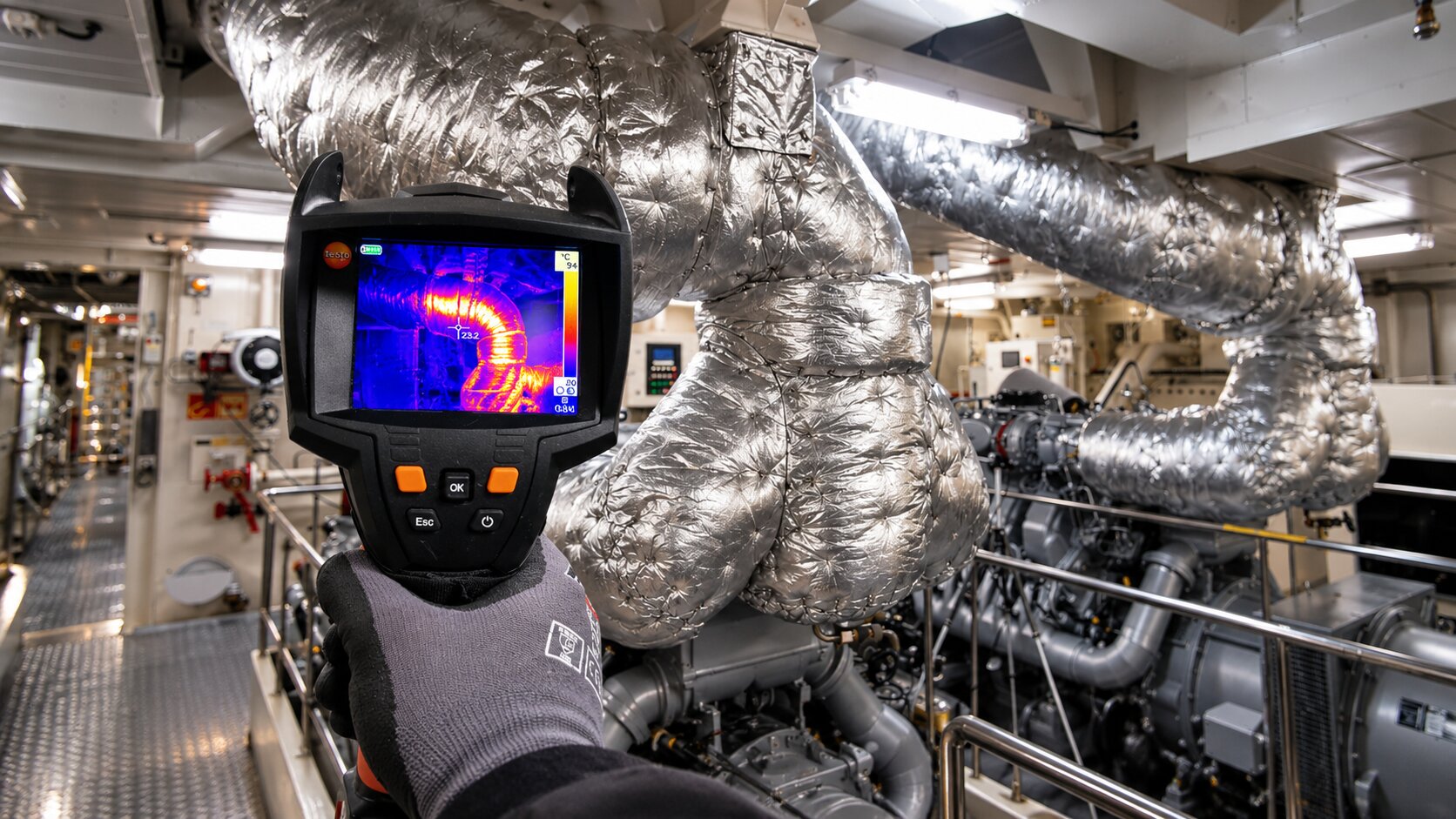 Hand met testo warmtebeeldcamera meet geïsoleerde uitlaatleidingen in een machinekamer