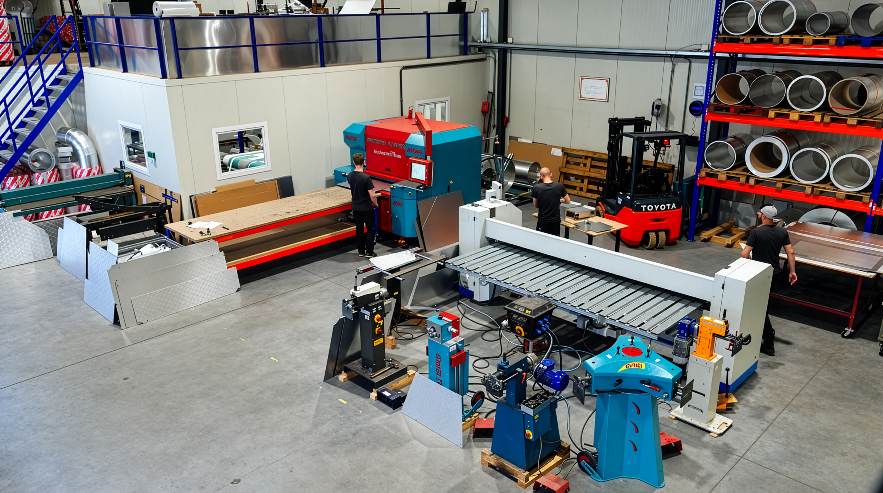 Overzicht van de plaatwerkerij van AX Isolatiewerken met machines, een heftruck en stellingen met rollen plaatmateriaal