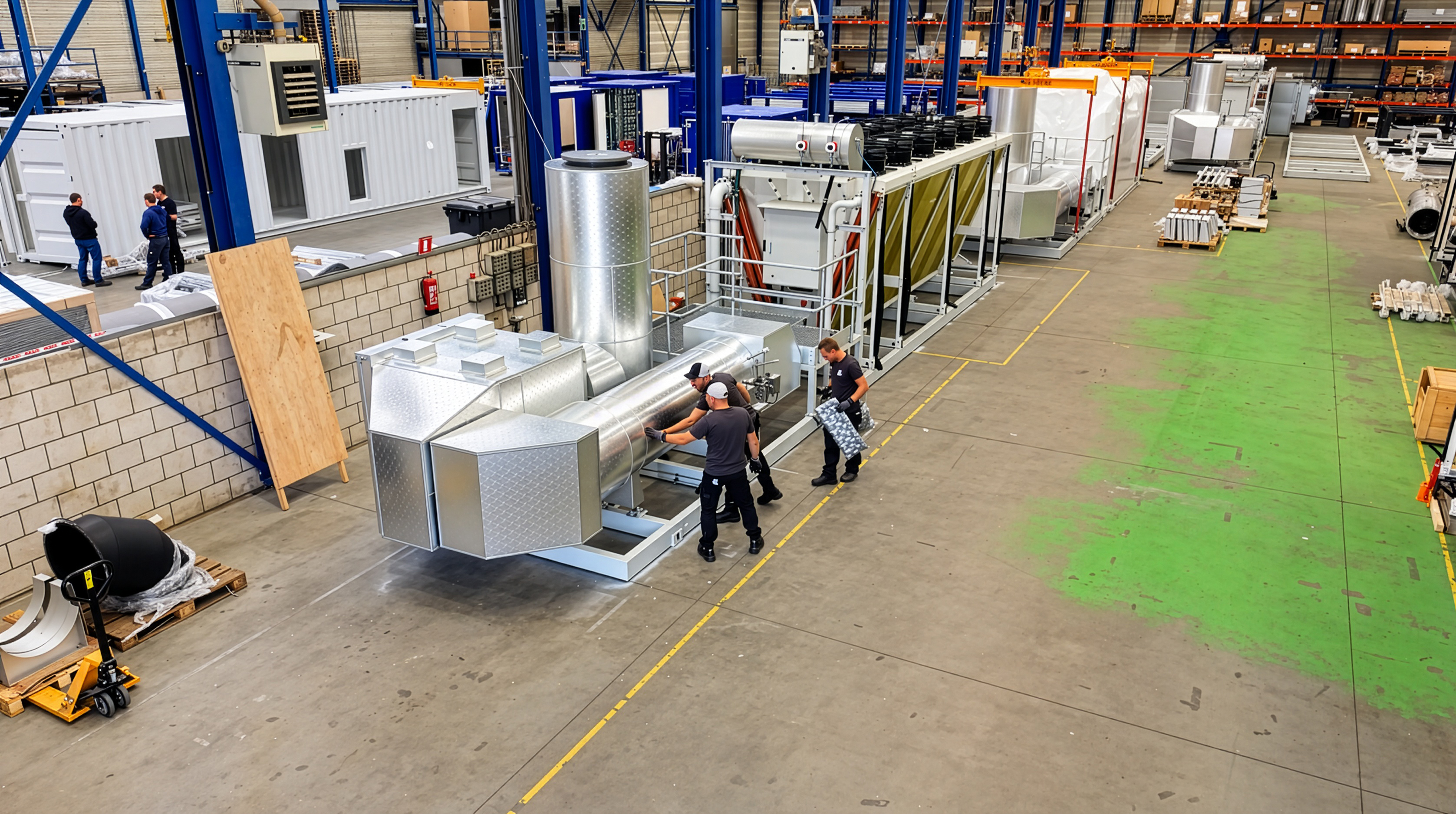 Medewerkers van AX Isolatiewerken werken aan de ommanteling van een grote installatie in een bedrijfshal